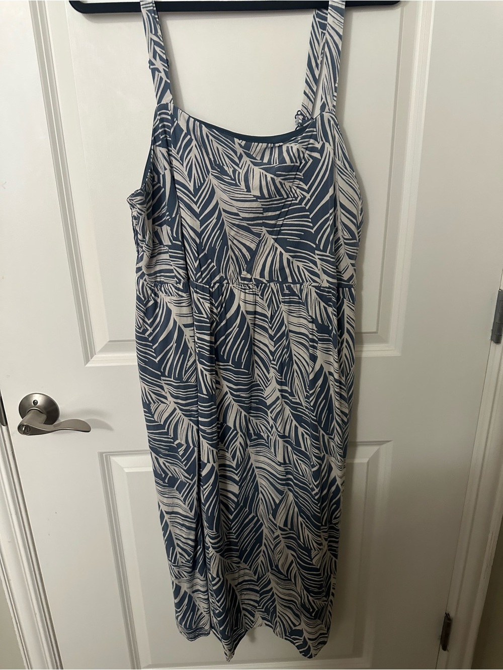 Blue and White Leaf Print Maxi Dress